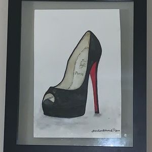 Original watercolor of black Louboutin heel